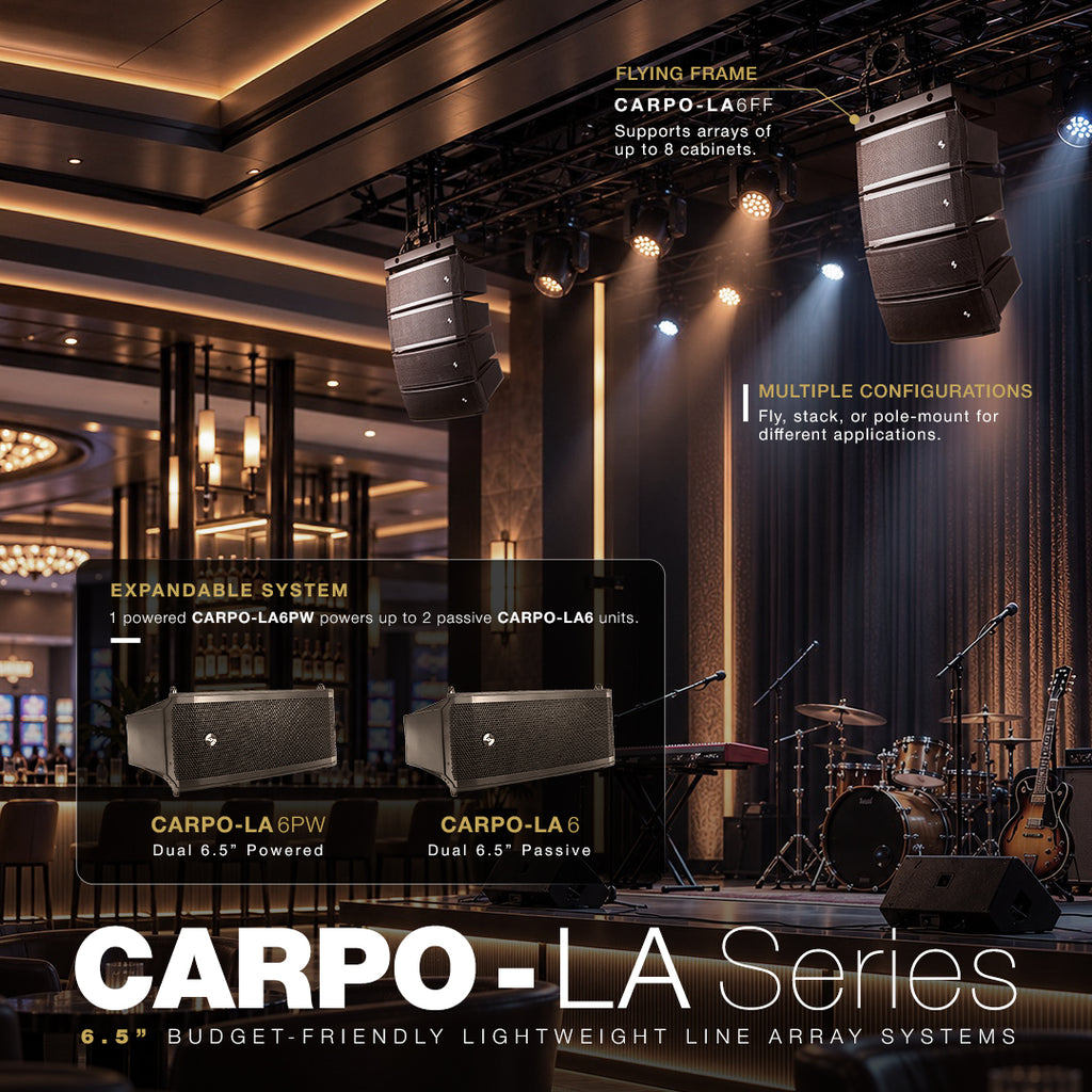 The Sound Town CARPO-LA Series features budget-friendly, compact and lightweight dual 6.5" powered and passive line array speakers. The CARPO-LA6PW includes Class-D amplification, five DSP modes and can power up to two CARPO-LA6 passive cabinets. Adjustable 0°–16° splay angles support flying and pole-mounted setups, while the CARPO-LA6FF frame supports up to eight cabinets. Available sets pair the arrays with 12", dual 12" or 18" subwoofers.