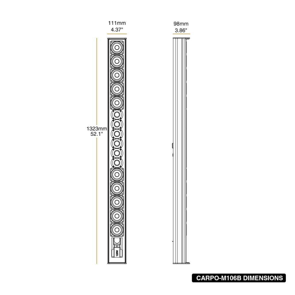 Sound Town CARPO-M106B | Weatherproof Column Array Loudspeaker with 10 x 3" Woofers, 70V/100V/8Ω, Wall-Mount Bracket for Indoor/Outdoor Commercial Installation - Size and Dimensions