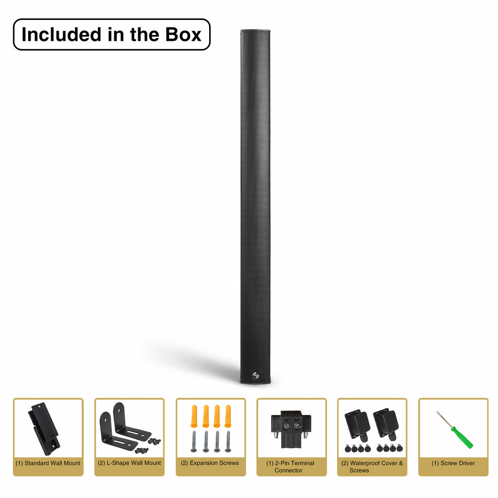 Sound Town CARPO-M106B | Weatherproof Column Array Loudspeaker with 10 x 3" Woofers, 70V/100V/8Ω, Wall-Mount Bracket for Indoor/Outdoor Commercial Installation - Size and Dimensions - Package Contents, Included in the Box