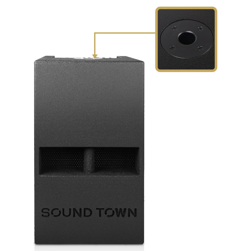 Sound Town CARPO-M12DS | CARPO Series 1400W 12" Powered PA/DJ Subwoofer, 2.1 Channel w/ 2 Speaker Outputs, Folded Horn Design, Built-in Mixer, Plywood, Black - 35mm Mounting Socket