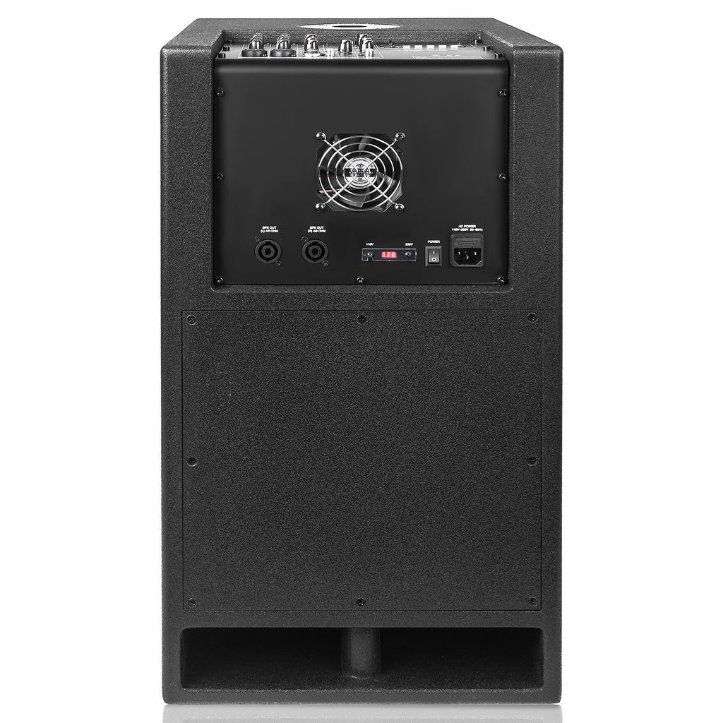 Sound Town CARPO-M12DS | CARPO Series 1400W 12" Powered PA/DJ Subwoofer, 2.1 Channel w/ 2 Speaker Outputs, Folded Horn Design, Built-in Mixer, Plywood, Black - Back Panel