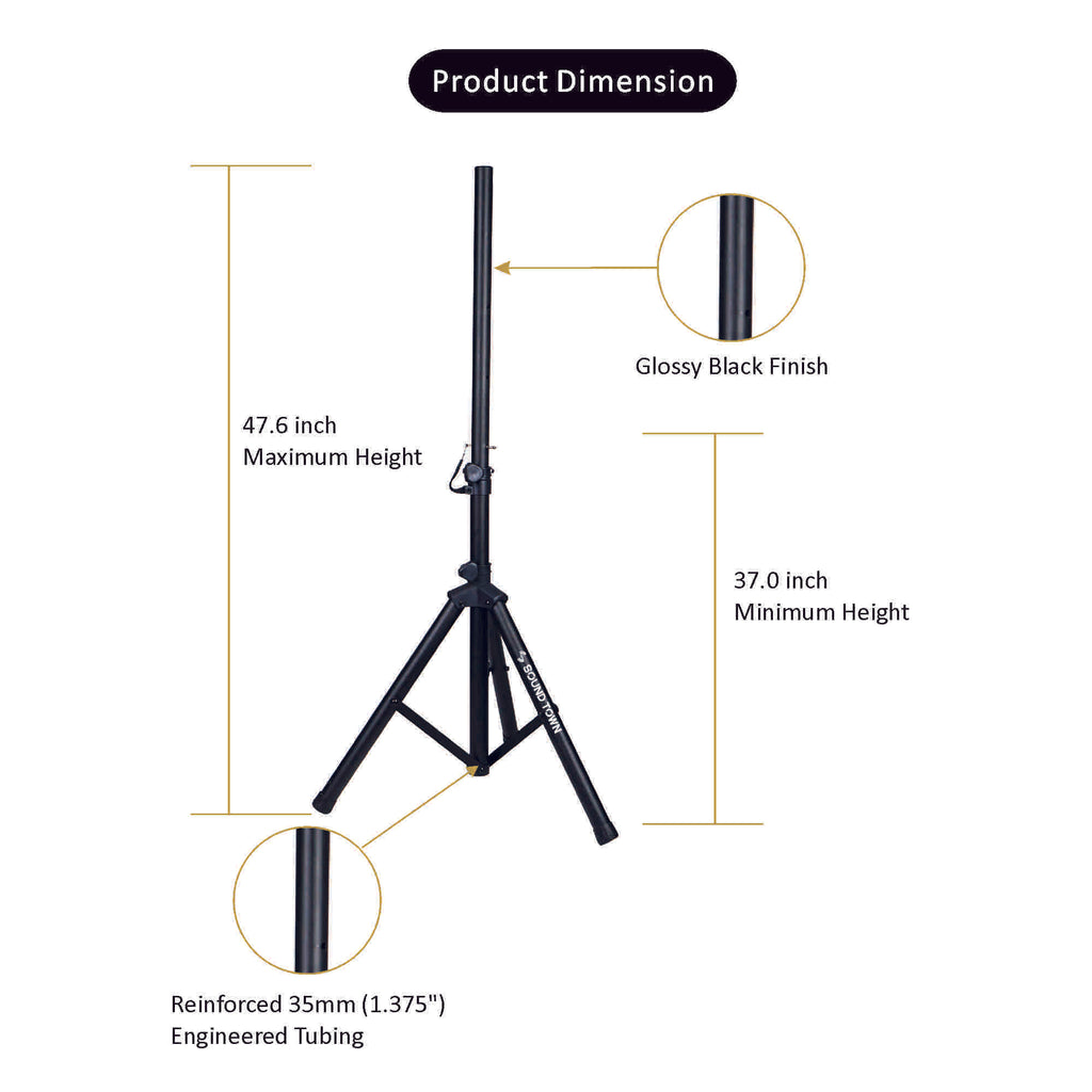 Sound Town CARPO-M12V4 | 2-Pack Universal Tripod Speaker Stands with Adjustable Height, 35mm Compatible Insert, Locking Knob and Shaft Pin, Black - Size and Dimensions