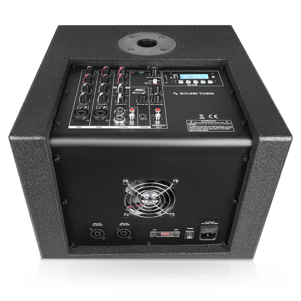 Sound Town CARPO-M12V5 | CARPO Series 12" 1400W PA/DJ Powered Subwoofer, 2.1 Channel w/ 2 Speaker Outputs, Built-in Mixer, Plywood, Black - Control Panel, 2x Satellite Speaker Outputs