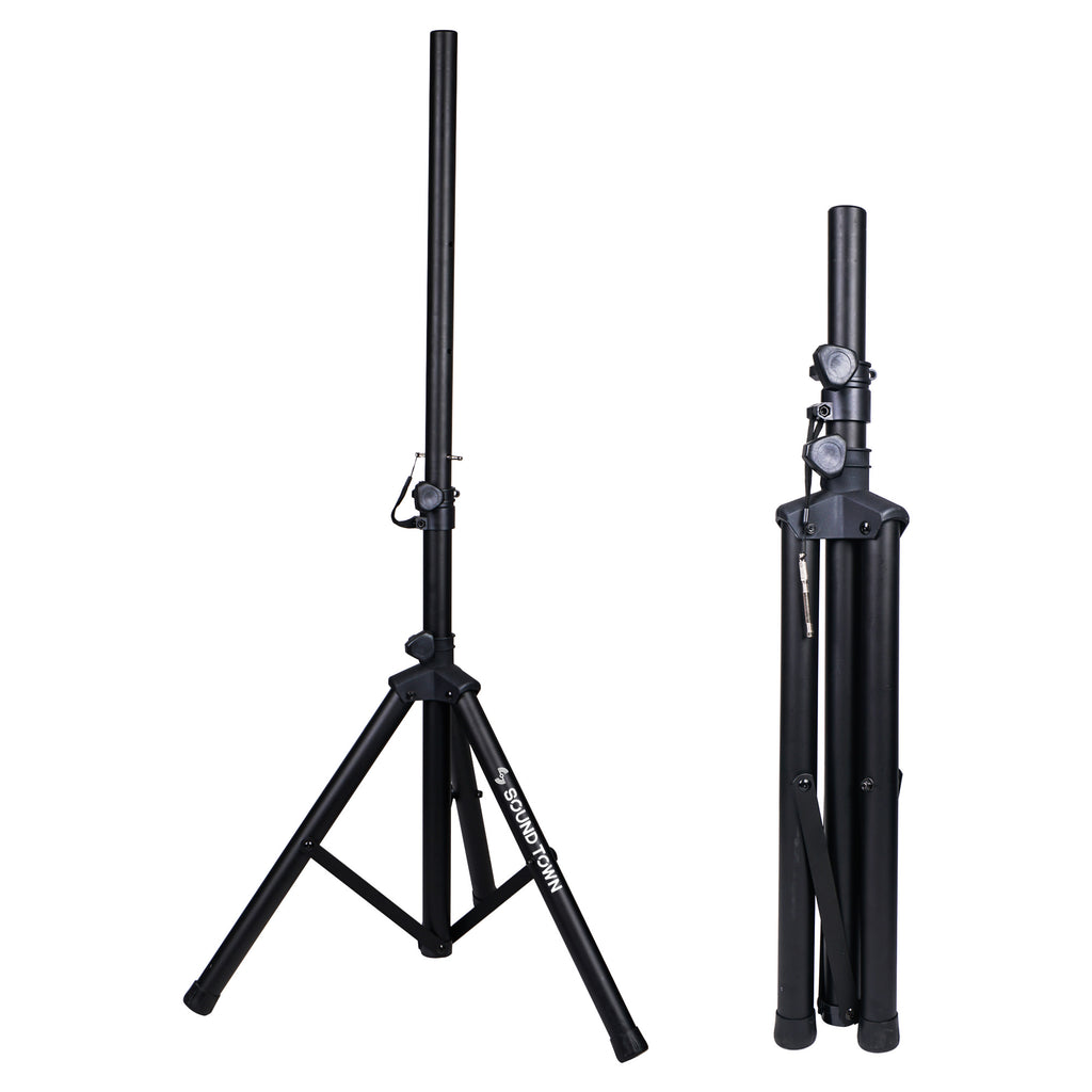 Sound Town CARPO-M12V5 | 2-Pack Universal Tripod Speaker Stands with Adjustable Height, 35mm Compatible Insert, Locking Knob and Shaft Pin, Black - Portable