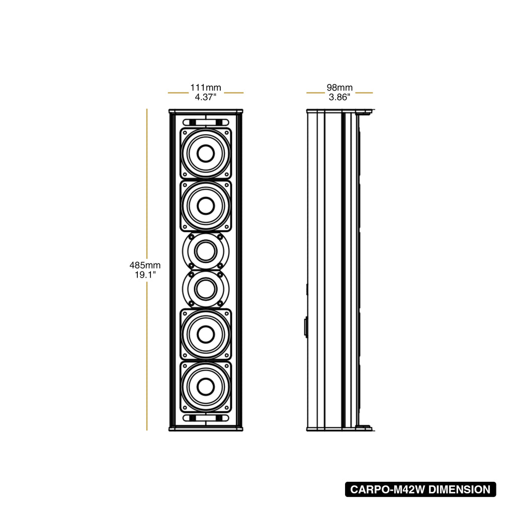 Sound Town CARPO-M42W-R | REFURBISHED: CARPO Series Weather-Resistant Compact Aluminum Line Array Column Speaker with Wall Mount Bracket, 4 x 3" Woofers, 2 x 1.2" Tweeters, White - Size and Dimensions