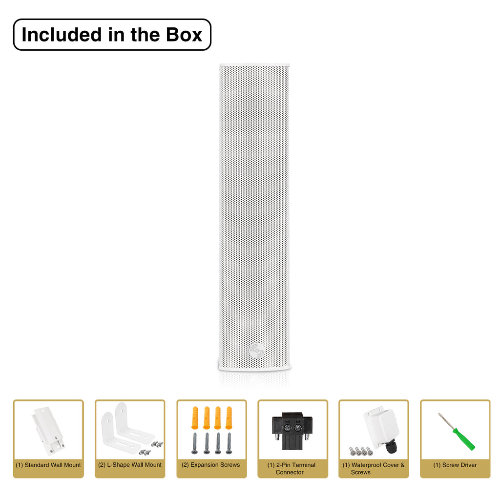 Sound Town CARPO-M42W-R | REFURBISHED: Weather-Resistant Compact Aluminum Line Array Column Speaker w/ Wall-Mount Bracket, 4 x 3" Woofers, White, Indoor & Outdoor Installation-(1) Standard Wall Mount, (2) L-Shape Wall Mount, (2) Expansion Screws, (1) 2-Pin Terminal Connector, (1) Waterproof Cover & Screws, (1) Screw Driver Included in the Box 