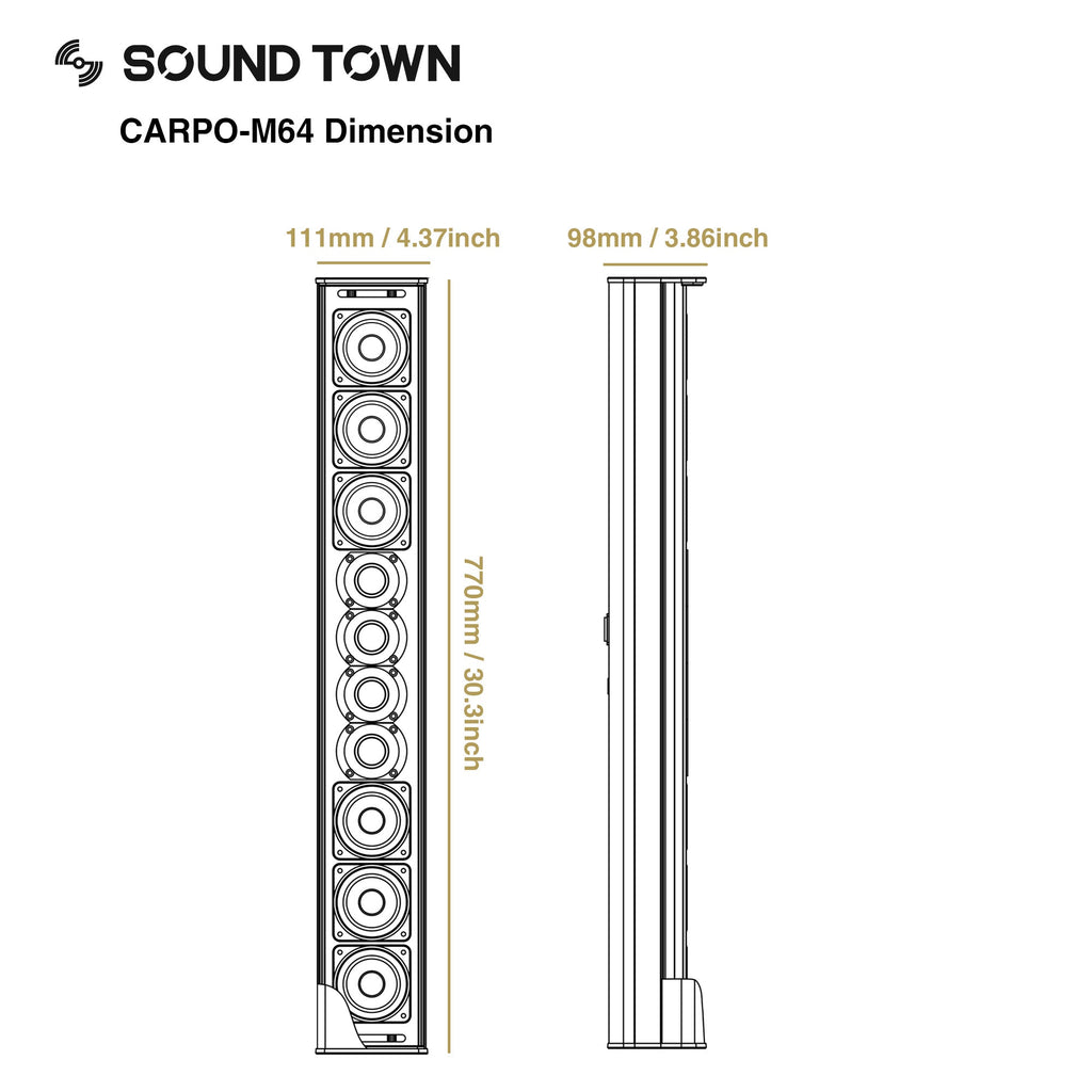 Sound Town CARPO-M64-R | REFURBISHED: Compact Line Array Column Speaker w/ Wall Mount Bracket, 6 x 3" Woofers, 4 x 1.2" Dome Tweeters, Black - Size & Dimensions