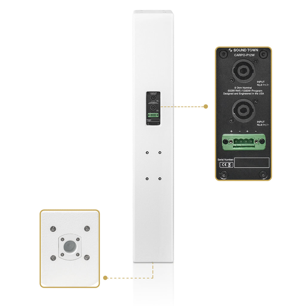 Sound Town CARPO-P12W-R | REFURBISHED: High-Power 1300W Passive Column Line Array Speaker with 6x5" Woofers, Birch Plywood, Wall Mount, for Installations, White - 35mm socket on the bottom, 2 Speakon Input Connectors