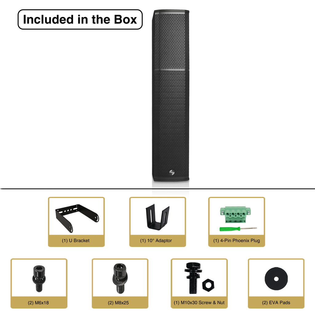 CARPO-P6SLB-R | REFURBISHED: High-Power 900W Passive Slant Column Line Array Speakers with 4x5" Woofers, Birch Plywood, Asymmetrical Vertical Coverage, Black-U Bracket, 10° Adaptor, 4-Pin Phoenix Plug, M6x18, M8x25, M10x30 Screw & Nut, EVA Pads, Included in the Box
