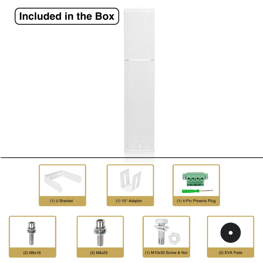 Sound Town CARPO-P6SLW-R | REFURBISHED: High-Power 900W Passive Slant Column Line Array Speakers with 4x5" Woofers, Birch Plywood, Asymmetrical Vertical Coverage, White-U Bracket, 10° Adaptor, 4-Pin Phoenix Plug, M6x18, M8x25, M10x30 Screw & Nut, EVA Pads, Included in the Box