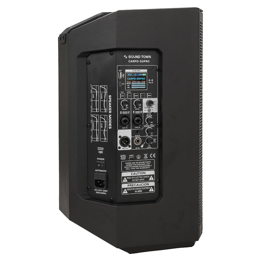 Sound Town CARPO-S2PRO | Sound Town 10" Portable All-in-One Powered PA Speaker w/ Multi-Position Design, TWS Bluetooth, Onboard DSP, Rechargeable Battery, Black - Side Panel, Plate Amp