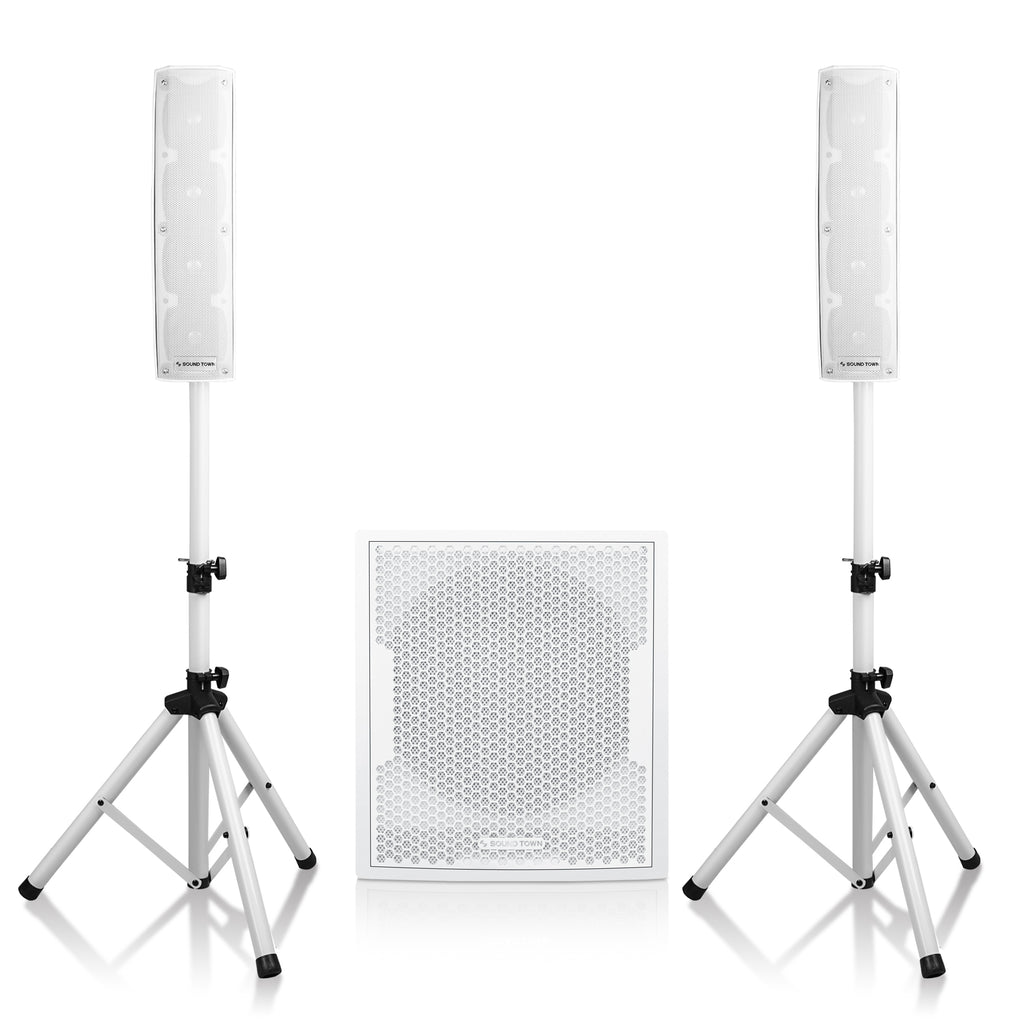Sound Town CARPO-V4W12 CARPO Series Column Speaker and Subwoofer PA System with Two Passive Column Speakers, One 12" Powered Subwoofer, Speaker Stands and Cables, White