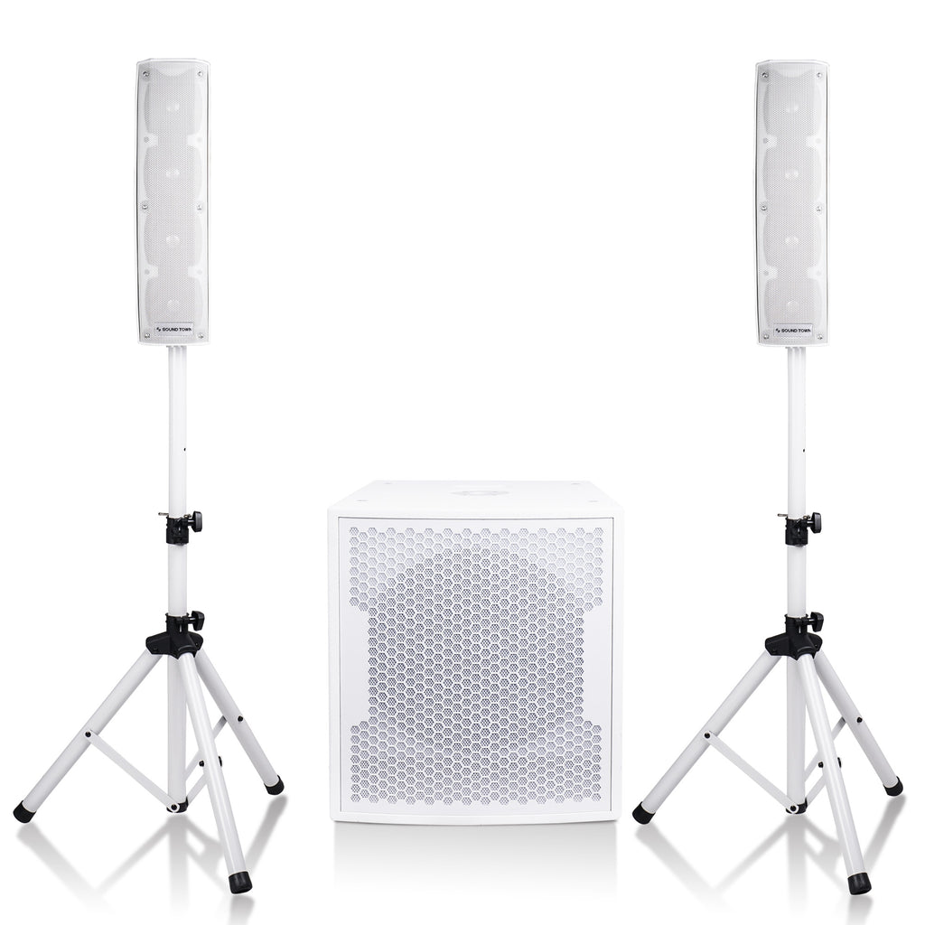 Sound Town CARPO-V4W15 | PA System with Two 500W Passive Column Line Array Speakers and One 15” 1600W Powered Subwoofer-White