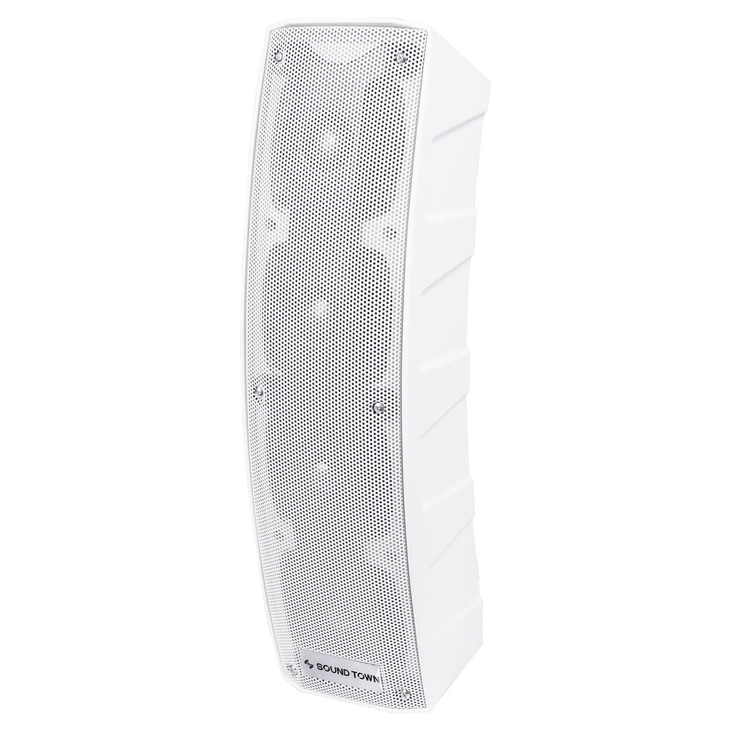 Sound Town CARPO-V4W-R | REFURBISHED: CARPO Series 500W Passive Mini Line Array Column Speaker System with Two 4 X 4” Column Speakers, Stands and 9-Feet Speakon Cables, White - Left Panel