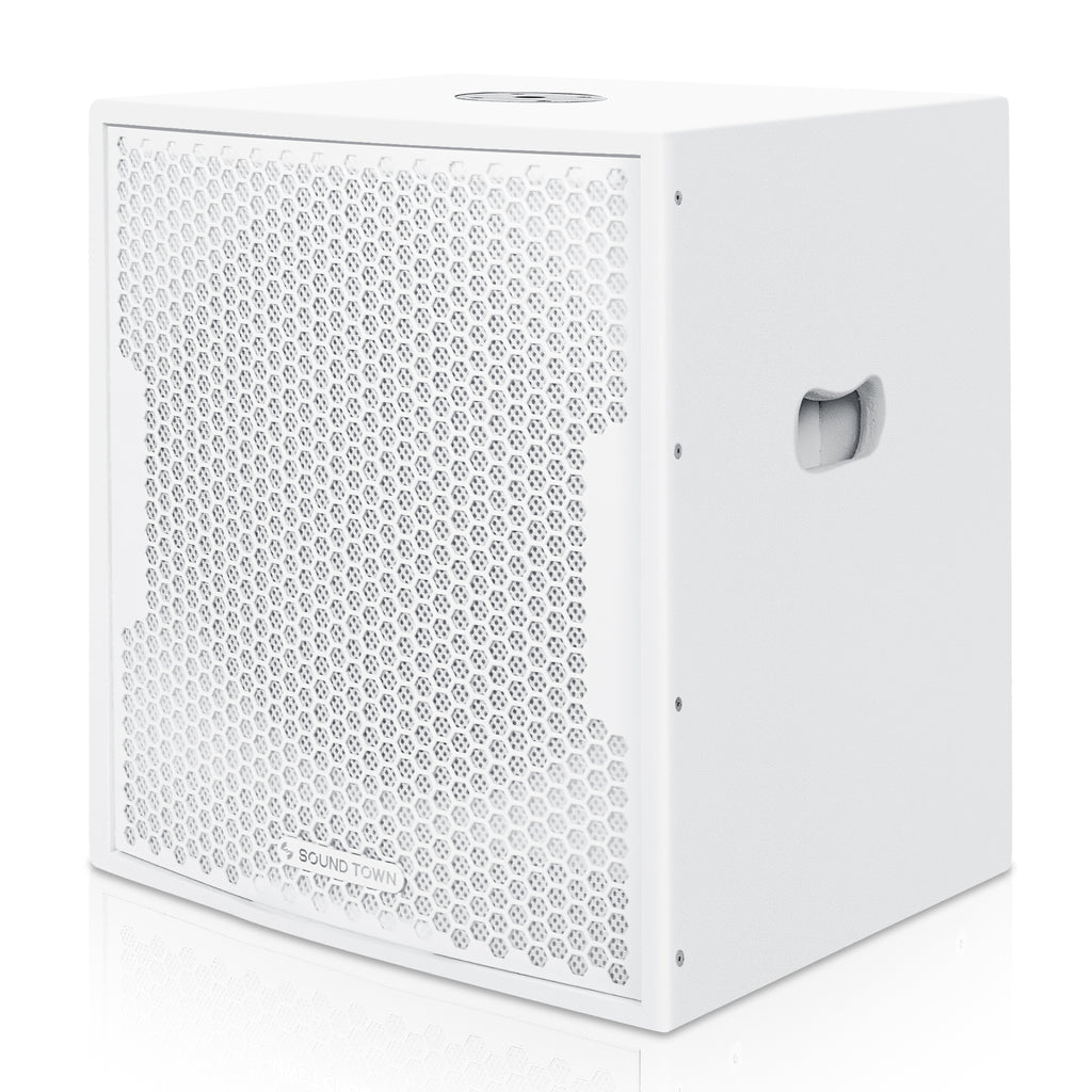 Sound Town CARPO-V5W12 12" 1400W Powered Subwoofer with 2 Speaker Outputs, Plywood Enclosure, White - Left Panel