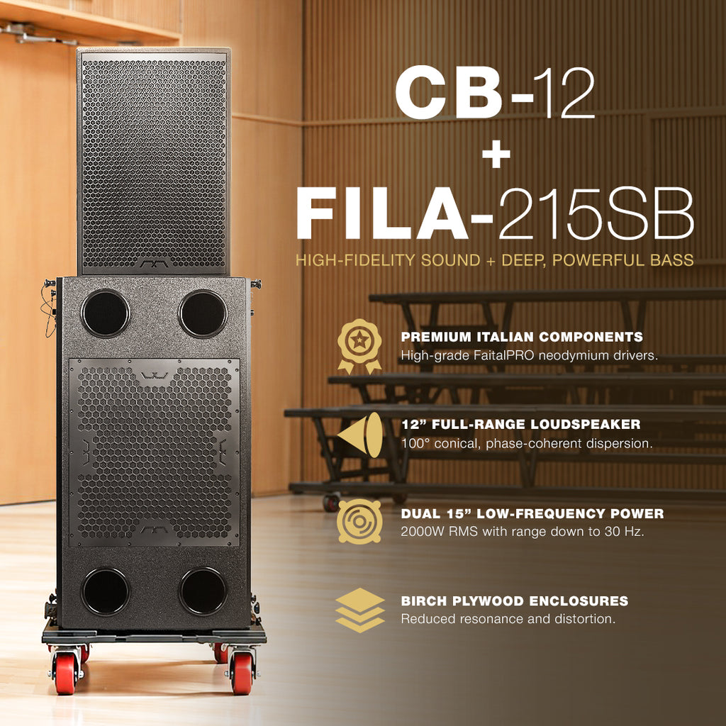 The MODE Audio CB-12 coaxial loudspeaker and FILA-215SB dual 15″ subwoofer combine premium Italian FaitalPRO neodymium drivers with precision engineering for high-fidelity sound and powerful bass. The CB-12 features a coaxial driver with phase-coherent 100° conical coverage for detailed vocals and consistent sound dispersion. The FILA-215SB delivers 2000W RMS power handling and response down to 30 Hz for deep, impactful bass. Both feature durable birch plywood enclosures that minimize unwanted resonance.