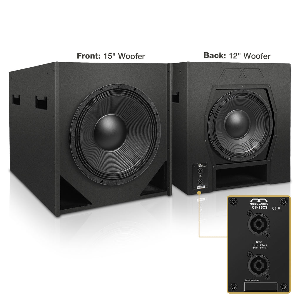 MODE Audio CB-15CS | CB Series High-Performance Passive Cardioid 2500W Subwoofer w/ 15" + 12" LAVOCE Neodymium Drivers, Baltic Birch Plywood, Black - Front and Back View with Speakon Connectors