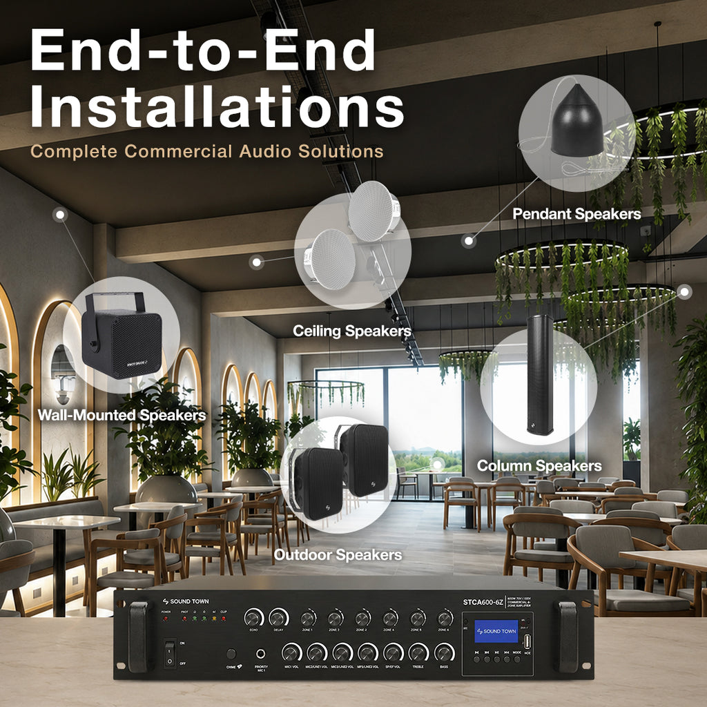 Sound Town commercial audio solutions featuring ceiling, wall-mount, surface-mount, pendant, column, and indoor & outdoor speaker systems paired with multi-zone 70V/100V amplifiers and low-impedance amplifier bundles. Designed for single-room setups, multi-zone audio networks, and customized commercial sound systems, these solutions deliver clear, reliable audio across a wide range of commercial environments.
