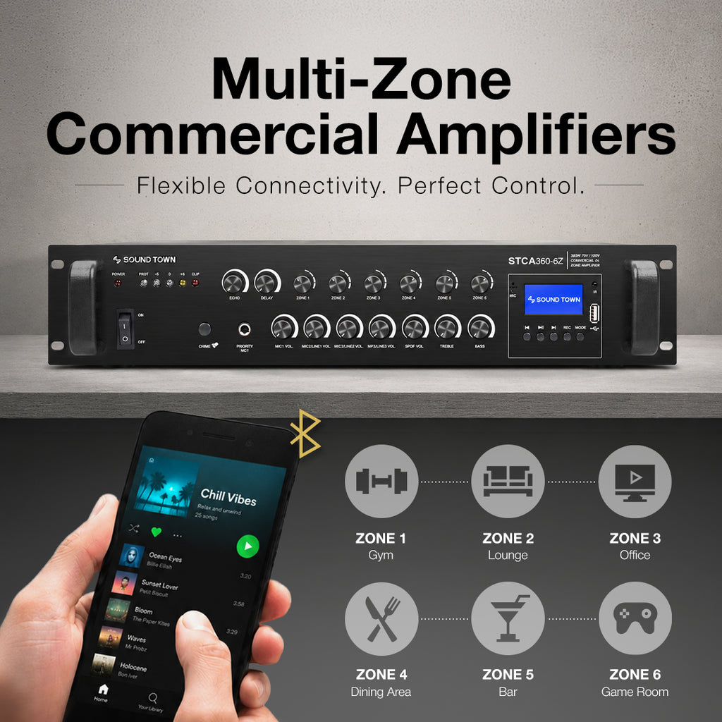The Sound Town Commercial Amplifier lineup features multi-zone amplifiers available in a variety of power outputs and zone configurations for flexible audio distribution. Bluetooth, USB, FM radio, and multiple input options provide versatile connectivity, while select models add optical input and phantom power for restaurants, bars, offices, schools, warehouses, houses of worship, and other commercial audio applications.