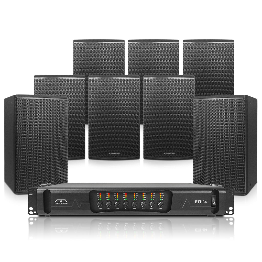 Sound Town ETI8X112B | PA System w/ (8) 12" Loudspeakers, 8-Ch Power Amplifier, Mounting Adapter for Commercial Installation, Birch Plywood, Black