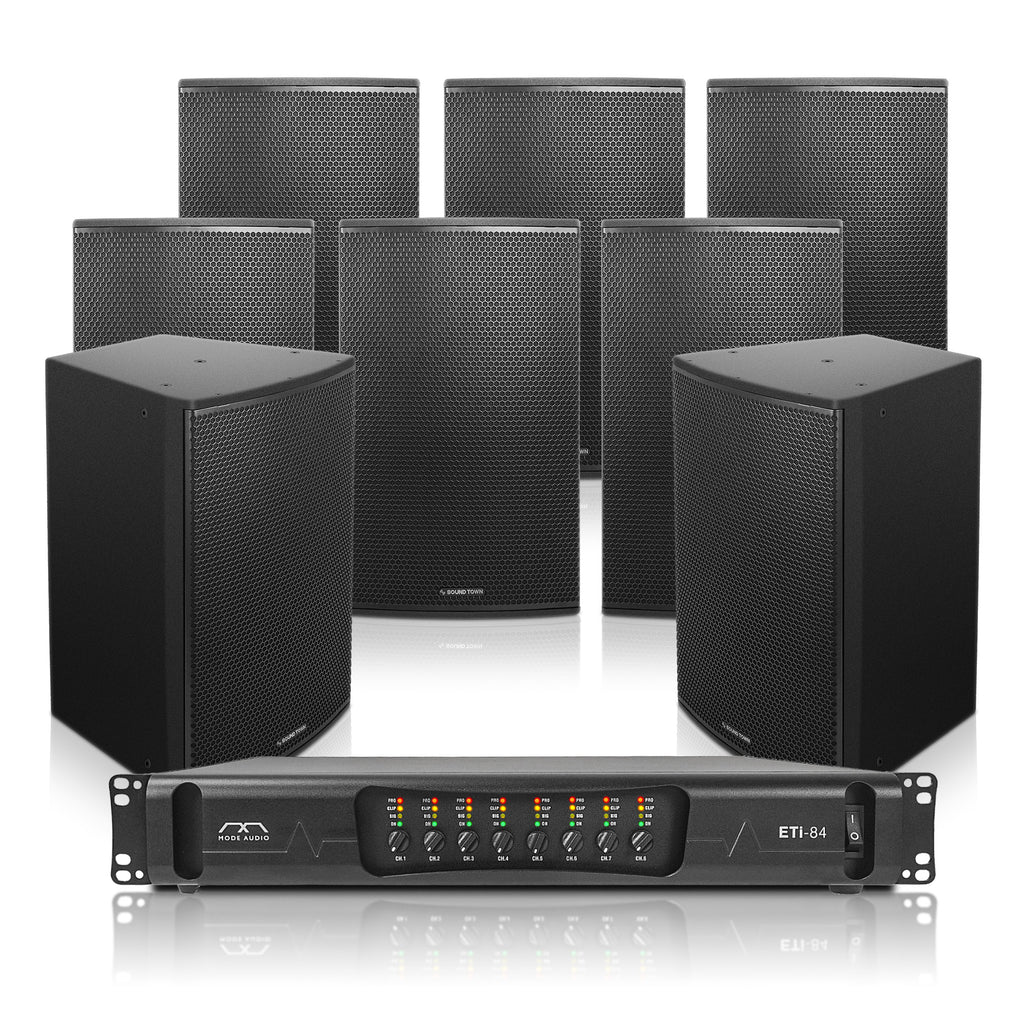 Sound Town ETI8X115B | PA System w/ (8) 15" Loudspeakers, 8-Ch Power Amplifier, Mounting Adapter for Commercial Installation, Birch Plywood, Black