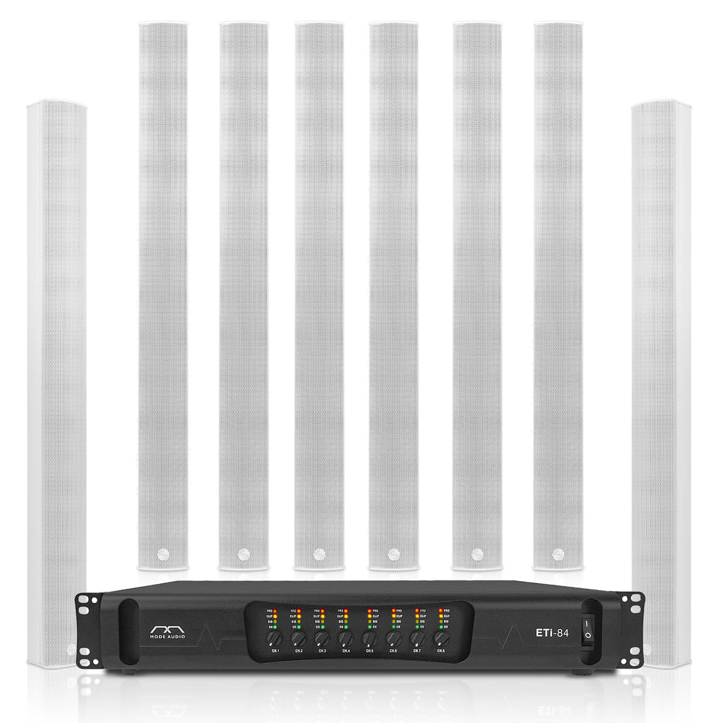 Sound Town ETI8X8M106W | PA System with Eight Weatherproof Column Array Speakers, Mounting Brackets, and 8-Channel Power Amp for Commercial Installations, White