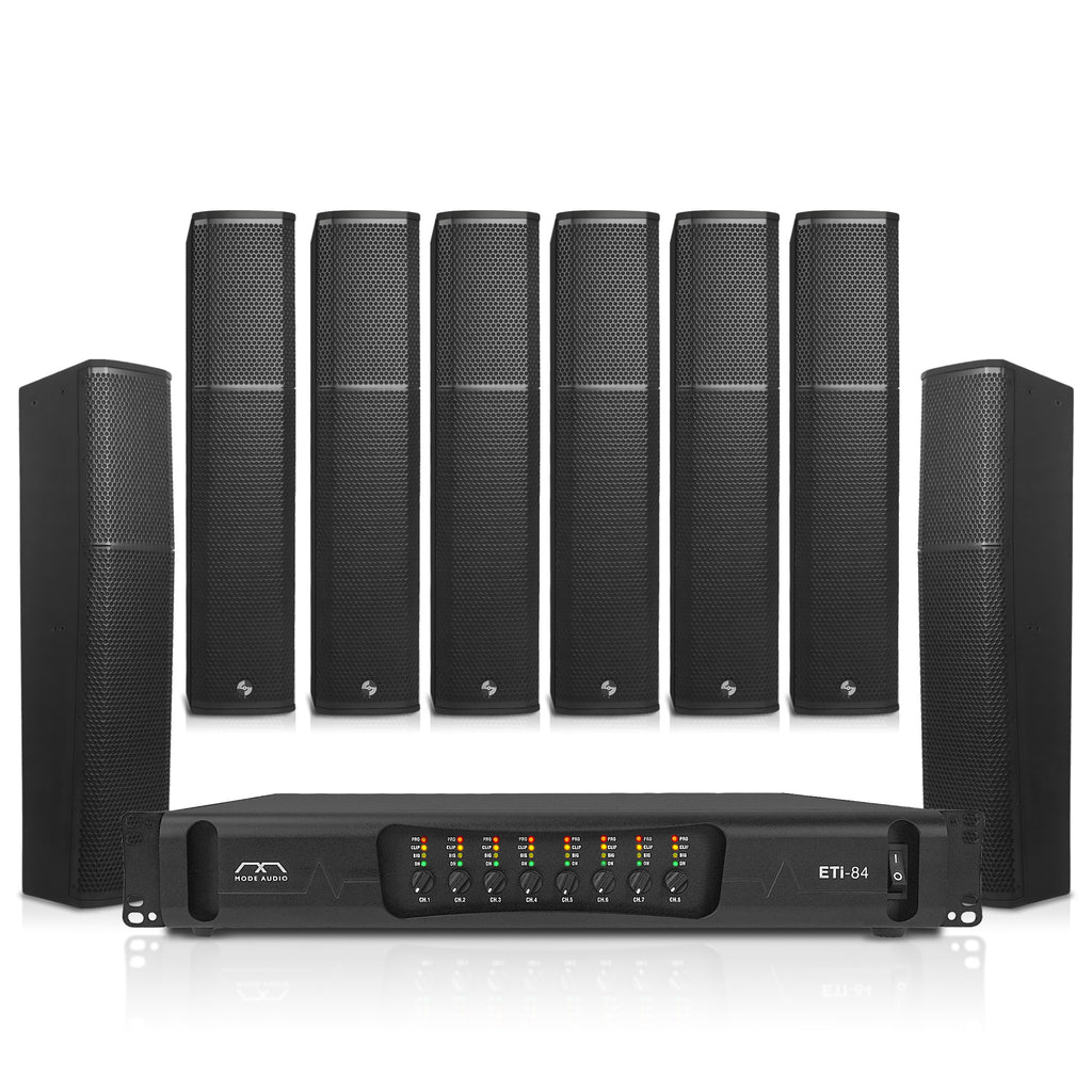 Sound Town ETI8X8P6SLB | PA System w/ 8 Column Array Slant Speakers, U-Brackets, and 8-Channel Power Amplifier for Commercial Installation, Birch Plywood, Black