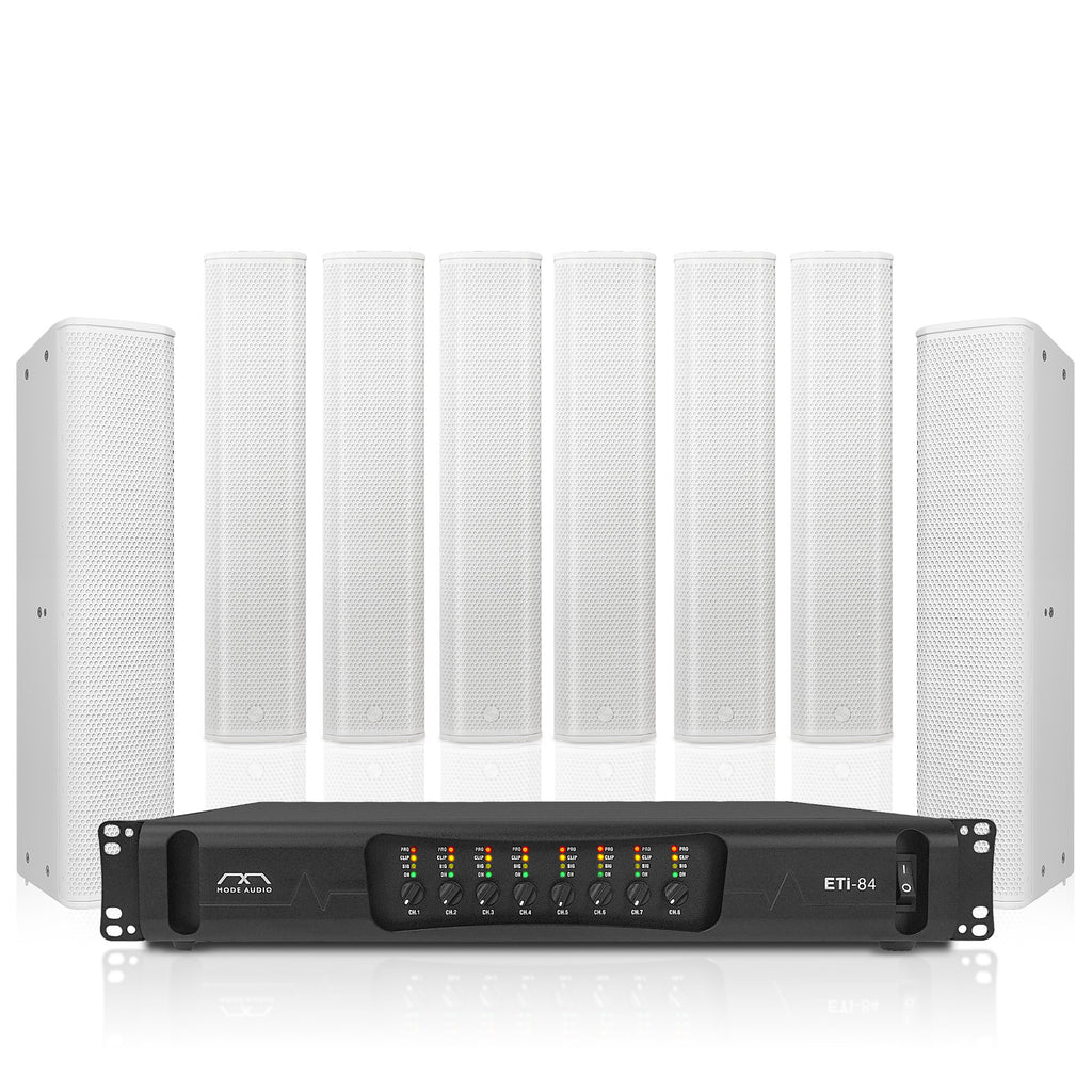 Sound Town ETI8X8P6W | PA System with 8 Column Array Speakers, U-Brackets, and 8-Channel Power Amp for Commercial Installations, Birch Plywood, White 