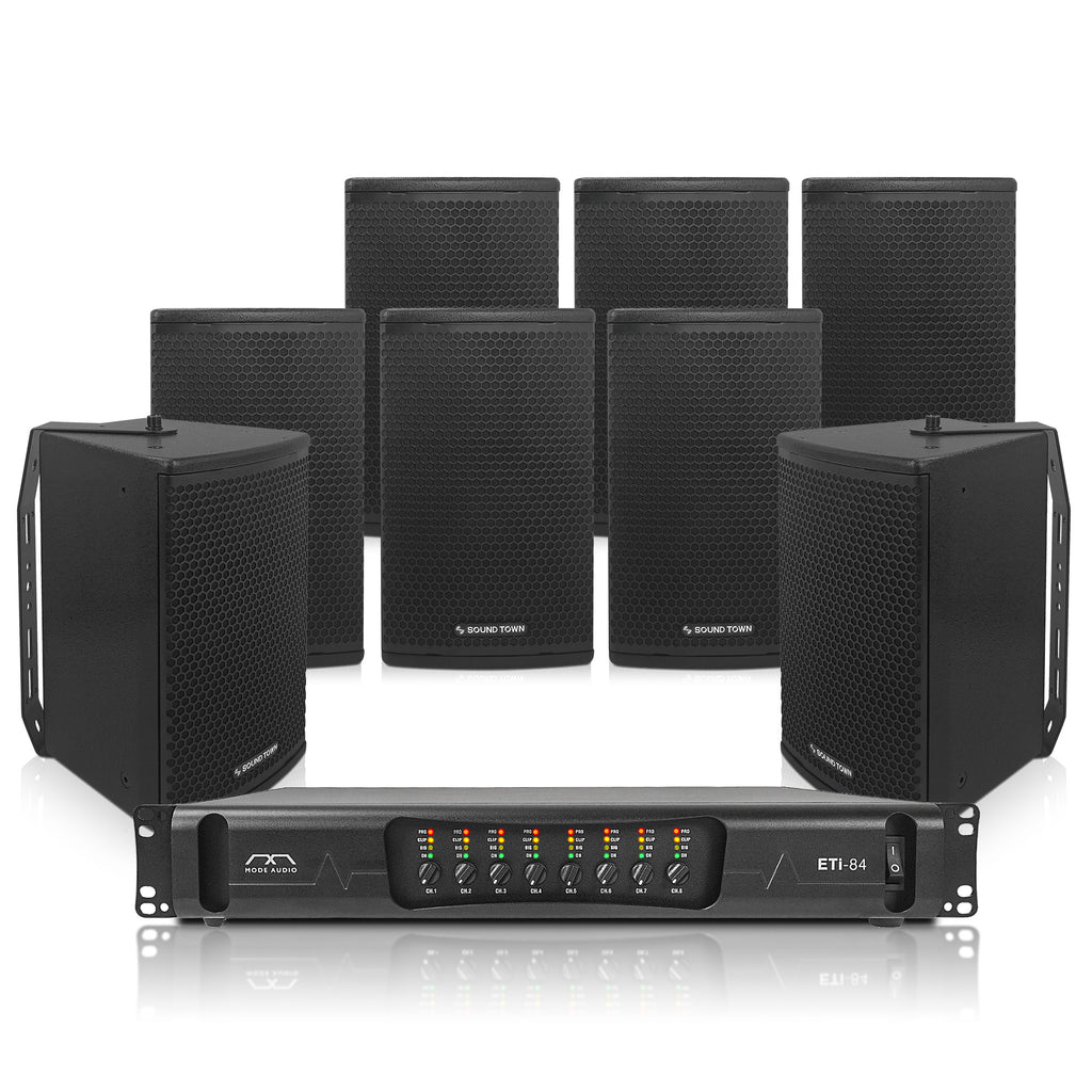 Sound Town ETI8XU108B | PA System with Eight 8" Wall-Mount Speakers and 8-Channel Power Amplifier for Commercial Installations, Birch Plywood, Black 