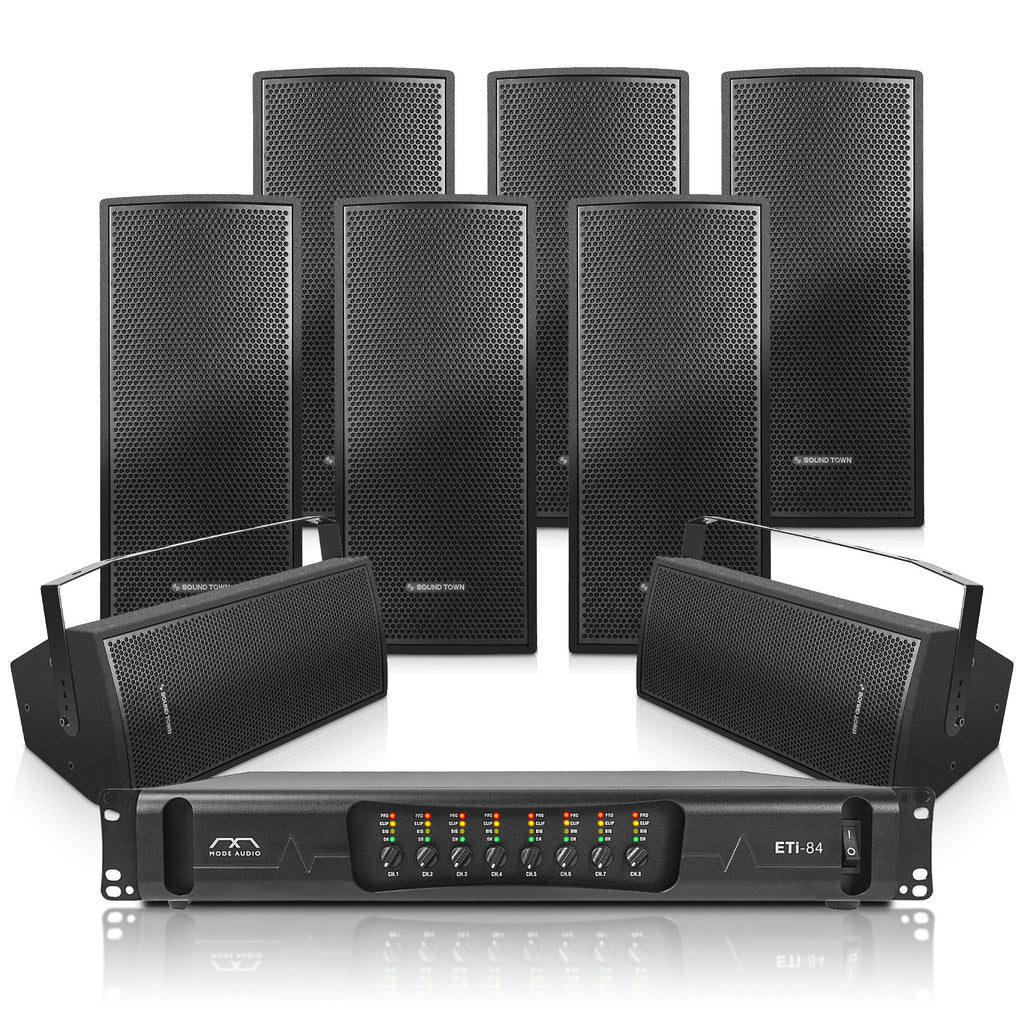 Sound Town ETI8XU208B | Passive Installation Speaker System with 8 x Wall-Mount Speakers, 8-Channel Power Amplifier for Commercial Installation