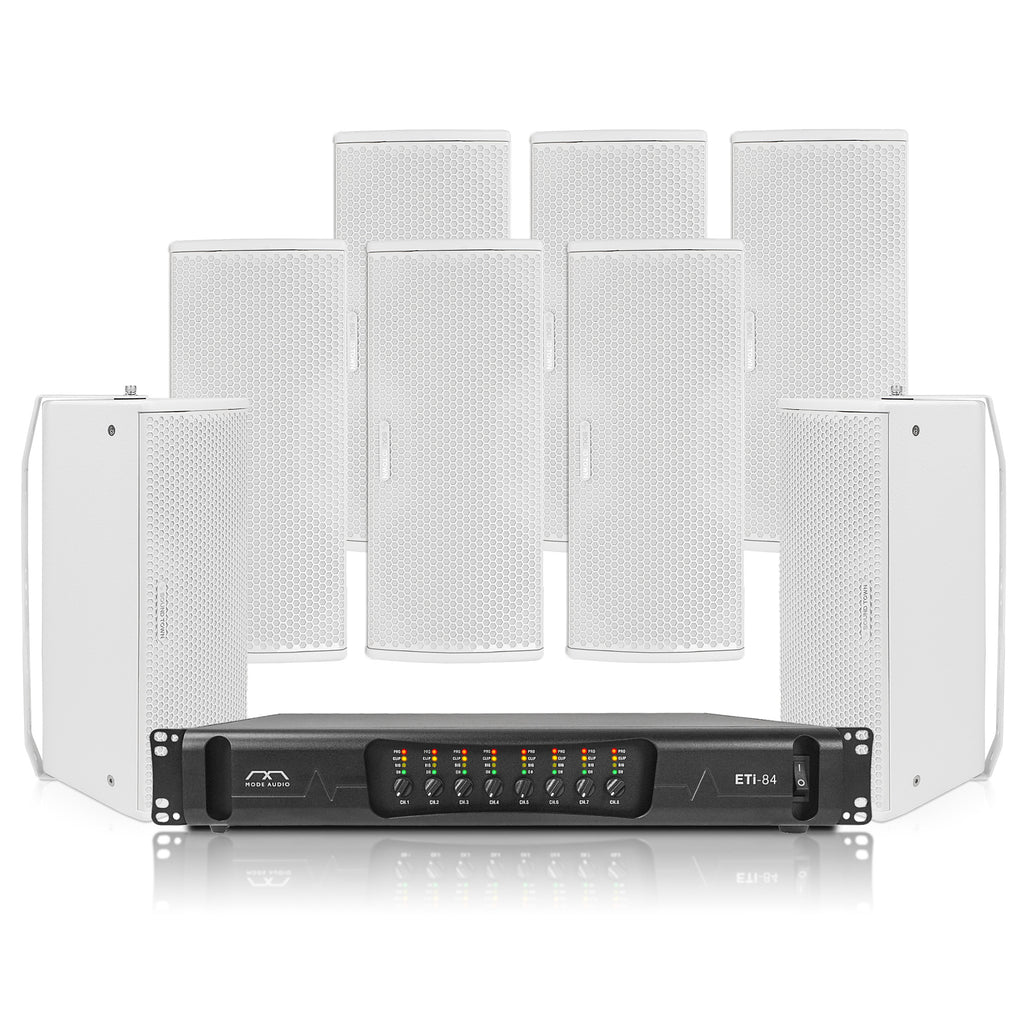 ETI8XU208W | PA System with Eight Dual 8" Wall-Mount Speakers and 8-Channel Power Amplifier for Commercial Installation, Birch Plywood, White