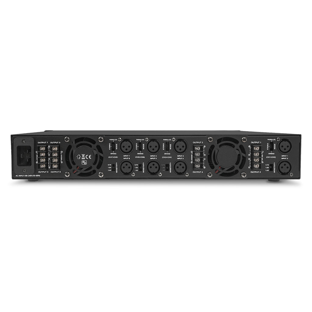 Sound Town ETi-84-R | REFURBISHED: Class-D 8-Channel PA/DJ Switching Power Supply Professional Power Amplifier, 8 x 800W RMS at 4Ω, PFC Power, 1.5U Rack Mountable for Meeting Room, Conference, Installation-Input and Output 