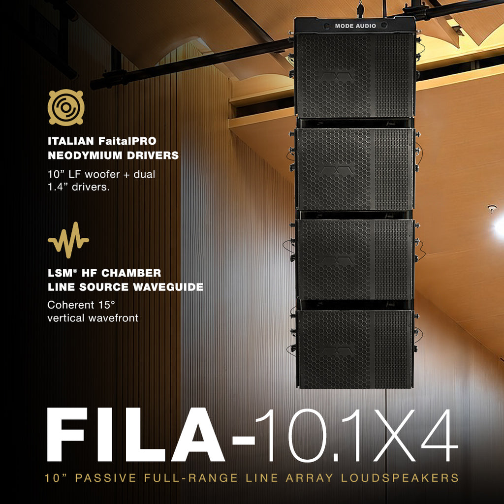 MODE Audio FILA-10.1X4 four-speaker passive line array system featuring 10" loudspeakers with Italian FaitalPRO neodymium drivers and MODE Audio’s LSM® HF chamber line source waveguide. Each loudspeaker handles 1400W program power and features tour-grade Baltic birch construction for powerful, controlled sound. Includes the FILA-10.1FF flying frame for suspended setups and expandable coverage in live events, theaters, houses of worship, auditoriums, clubs, and installed applications.