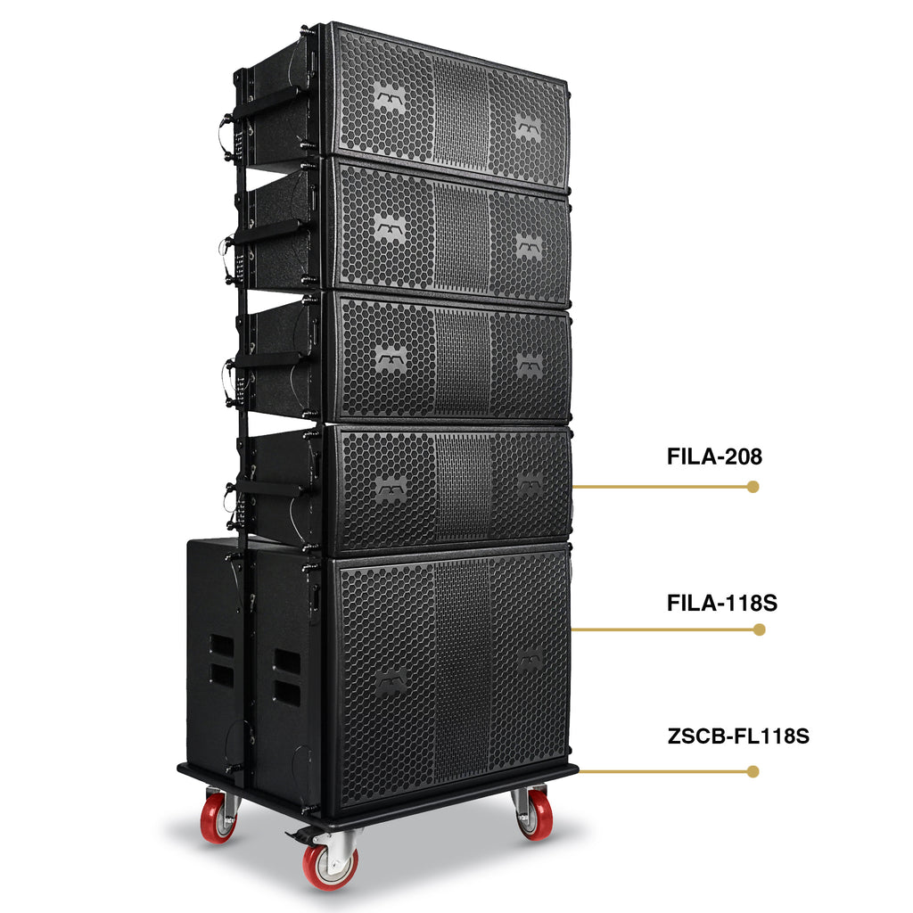 Sound Town FILA-118S208X4OC Passive Line Array Speaker System with One 18-inch Subwoofer, Four Dual 8-inch Line Array Speakers, One Caster Board, Black-Complete Setup