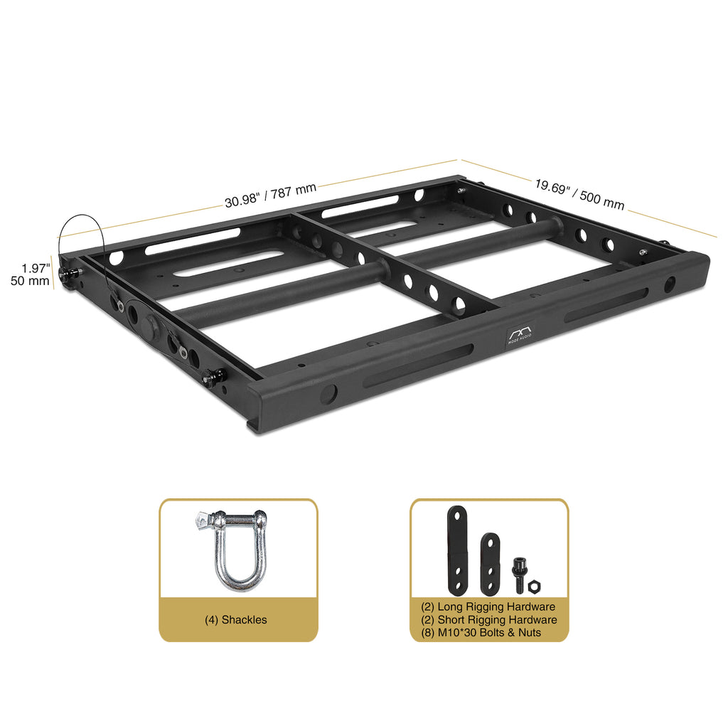 Sound Town FILA-210FF | MODE Audio Flying/Ground-Stacking Frame for FILA-210WR Line Array Speaker - Dimensions, Package Contents, (4) Shackles, (2) Long Rigging Hardware, (2) Short Rigging Hardware, (8) M10*30 Bolts & Nuts Included in the Package