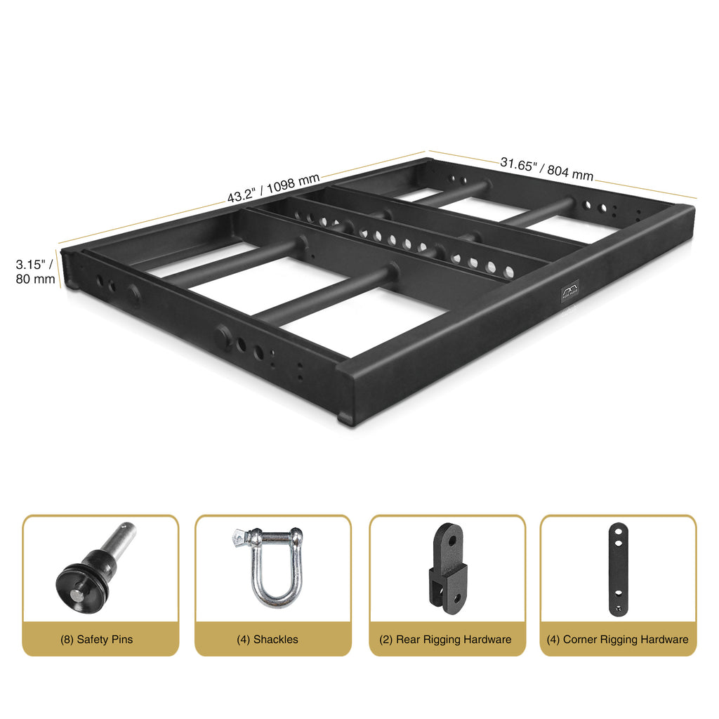 Sound Town FILA-218FF | MODE Audio Flying Frame for FILA-218SB Subwoofer & FILA-12.2 Line Array Speaker - Dimensions, Package Contents, (8) Safety Pins, (4) Shackles, (2) Rear Rigging Hardware, (4) Corner Rigging Hardware Included in the Package