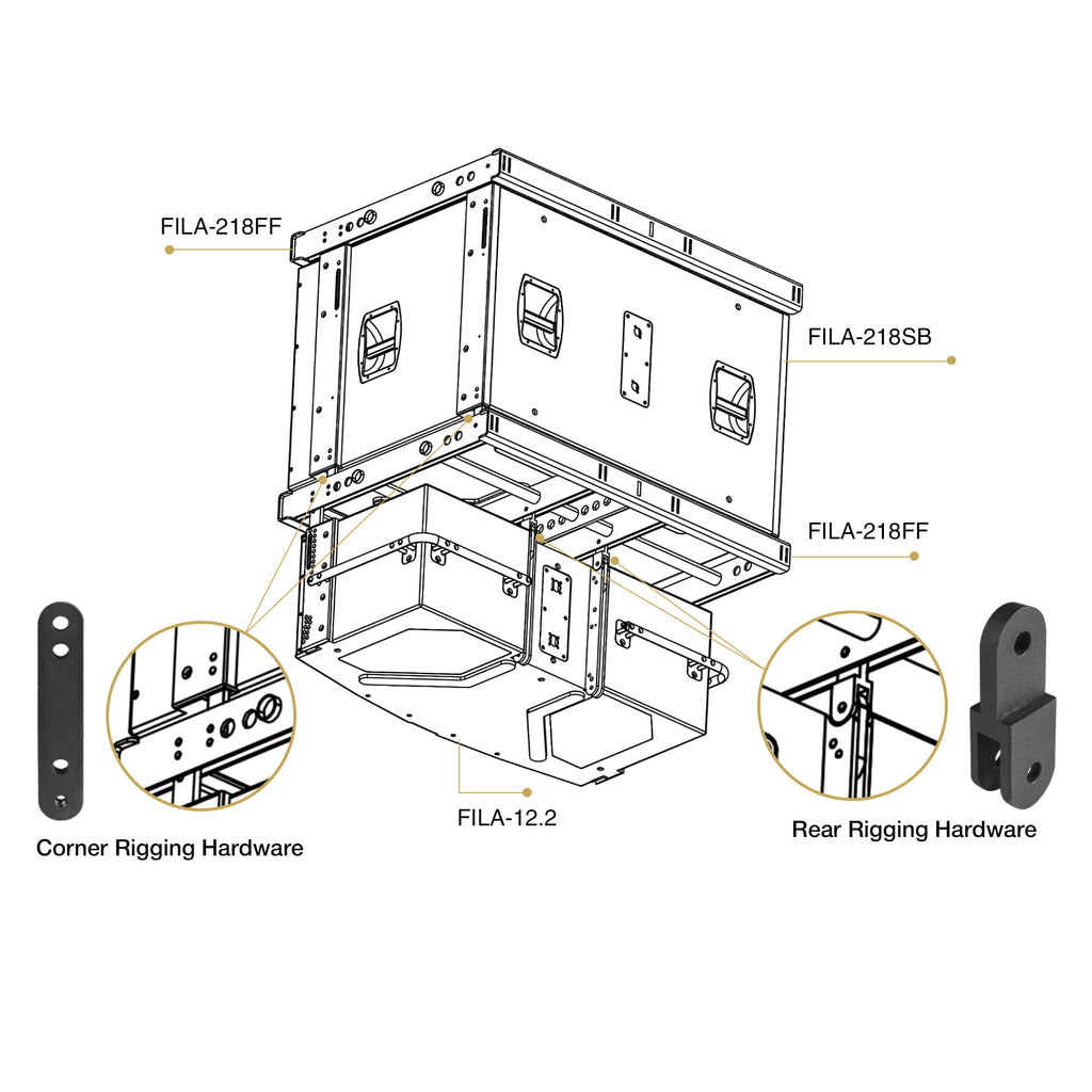 Sound Town FILA-218FF | MODE Audio Flying Frame for FILA-218SB Subwoofer & FILA-12.2 Line Array Speaker - Rigging Diagram, Corner Rigging Hardware and Rear Rigging Hardware