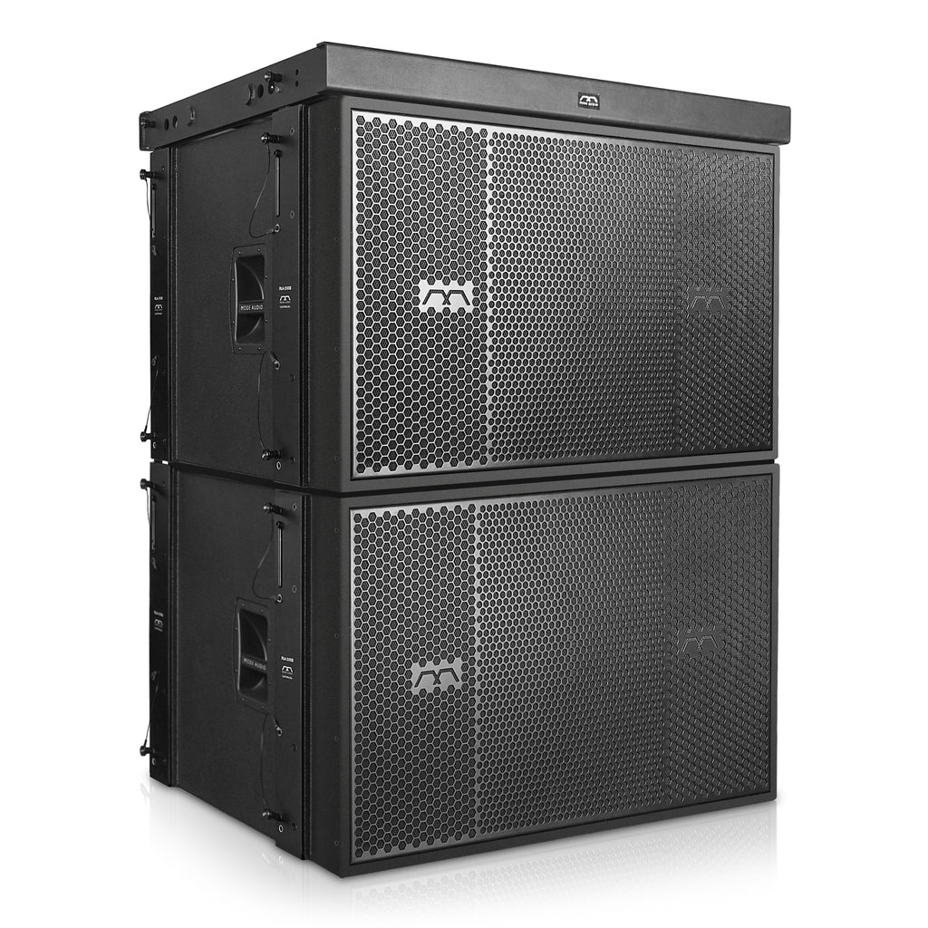 Sound Town FILA-218SBX2 | MODE Audio Two Dual 18" 6400W Passive Line Array Subwoofers w/ Italian Neodymium LF Drivers, Flying Frame, Birch Plywood, Black - Right Angle 