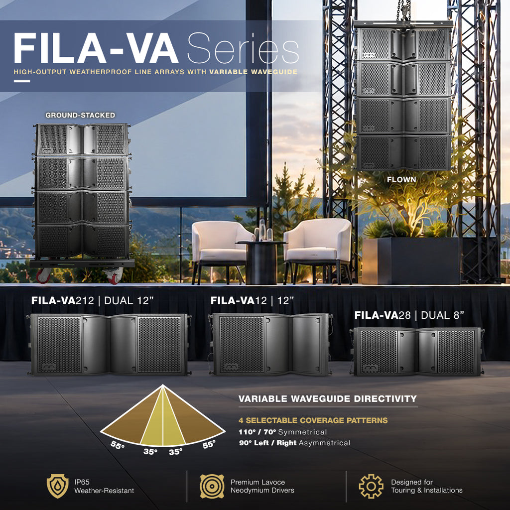 The MODE Audio FILA-VA Series features IP65 weatherproof passive line array loudspeakers in dual 8", single 12", and dual 12" configurations. LAVOCE Italian neodymium drivers and variable waveguide directivity with 70°/110° symmetrical or 90° asymmetrical left/right coverage help adapt sound to different venue layouts. Compatible frames support flown and ground-stacked arrays for touring, live events, and permanent indoor or outdoor installations.