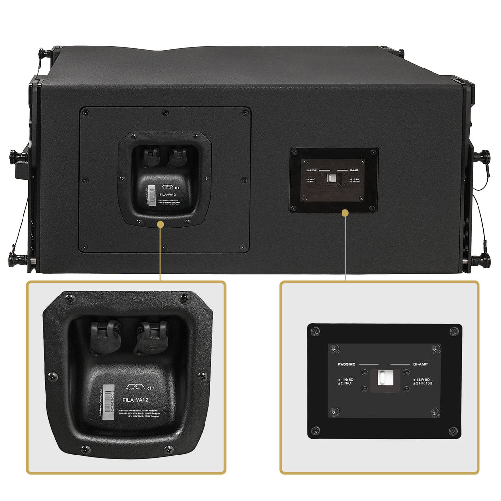 MODE Audio FILA-VA12 | MODE Audio 12" 1220W Weatherproof Line Array Loudspeaker w/ Variable Waveguide, LAVOCE Neodymium Driver, Bi-Amp Switchable, Black - Back Panel, Plate Amp, Rear Connection