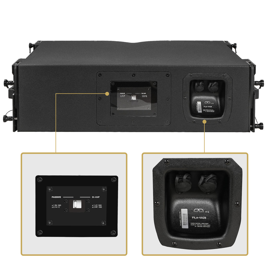MODE Audio FILA-VA28 | MODE Audio Dual 8" 1400W Weatherproof Line Array Loudspeaker w/ Variable Waveguide, LAVOCE Neodymium Drivers, Bi-Amp Switchable, Black - Rear Panel Connections