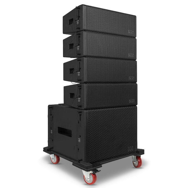 Sound Town FL-18S28X4S | Passive Line Array Speaker Set with One 18-inch Subwoofer, Four Dual 8-inch Line Array Speakers, One Stacking Frame, One Caster Board Black-Right Angle 