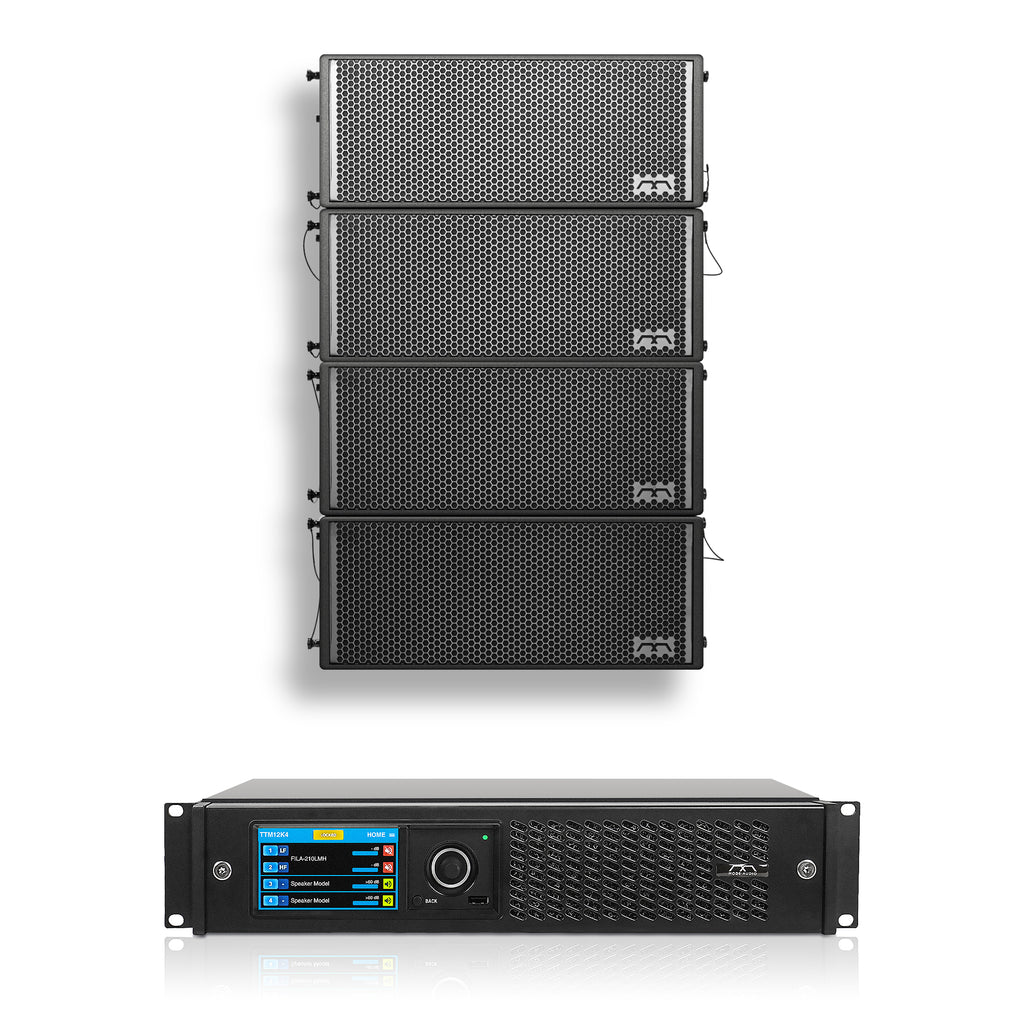 Sound Town FL-210X4TTM12 | Passive Line Array Speaker Set w/ Four Dual 10-inch Water-Resistant Line Array Speakers, Powersoft OEM Power Amplifier, Neodymium Drivers