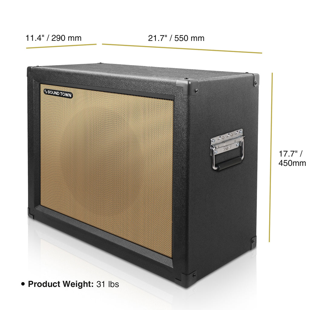 Sound Town GUC112BK | 1 x 12" 65W Guitar Speaker Cabinet with Birch Plywood Construction, Black Tolex, Wheat Cloth Grille - Dimensions and Weight