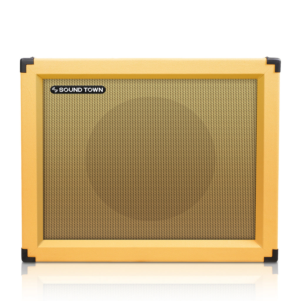 Sound Town GUC112OR | 1 x 12" 65W Guitar Speaker Cabinet with Birch Plywood Construction, Orange Tolex, Wheat Cloth Grille - Front View