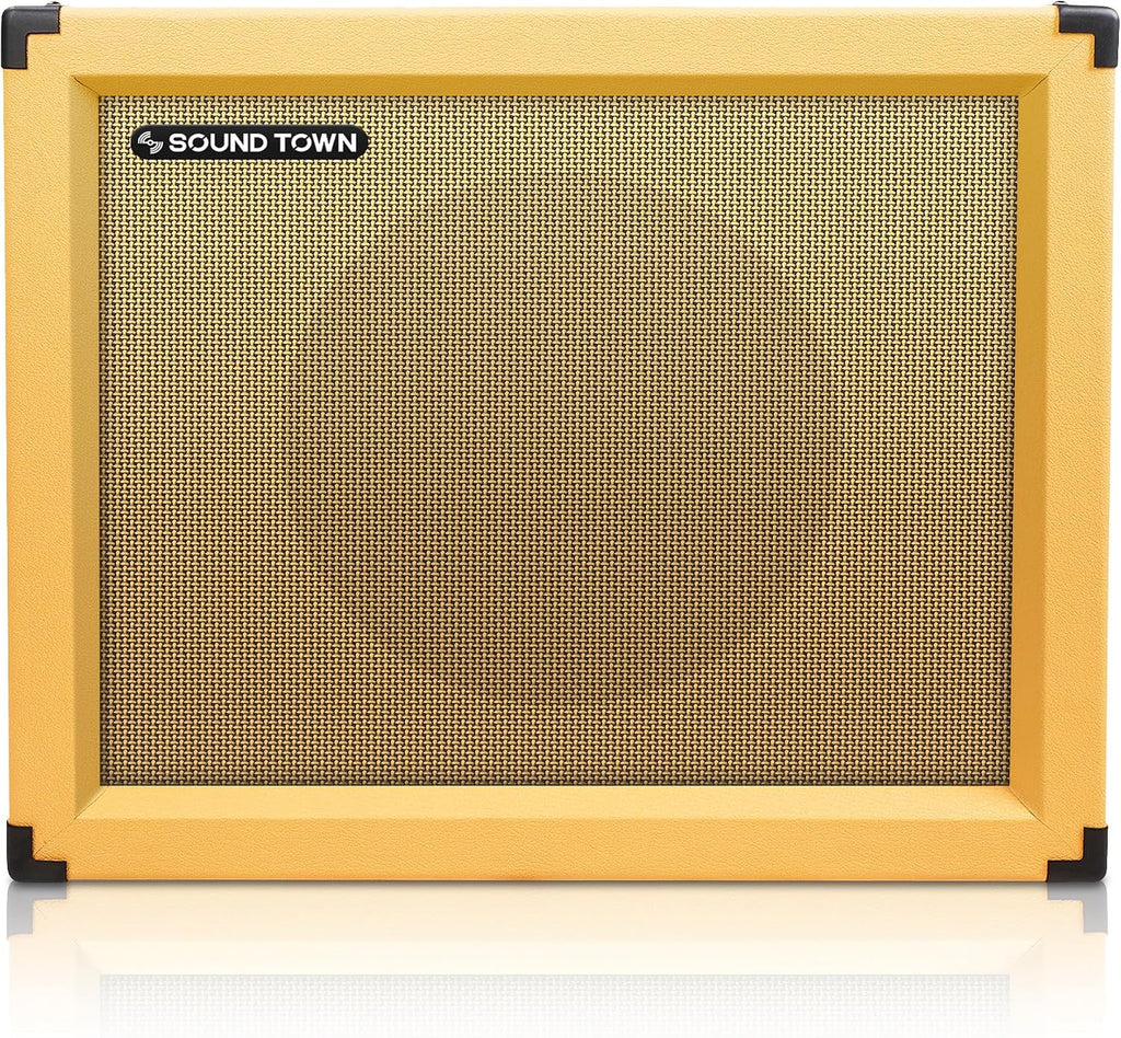 Sound Town GUC112OR | 1 x 12" 65W Guitar Speaker Cabinet with Birch Plywood Construction, Orange Tolex, Wheat Cloth Grille - Front View