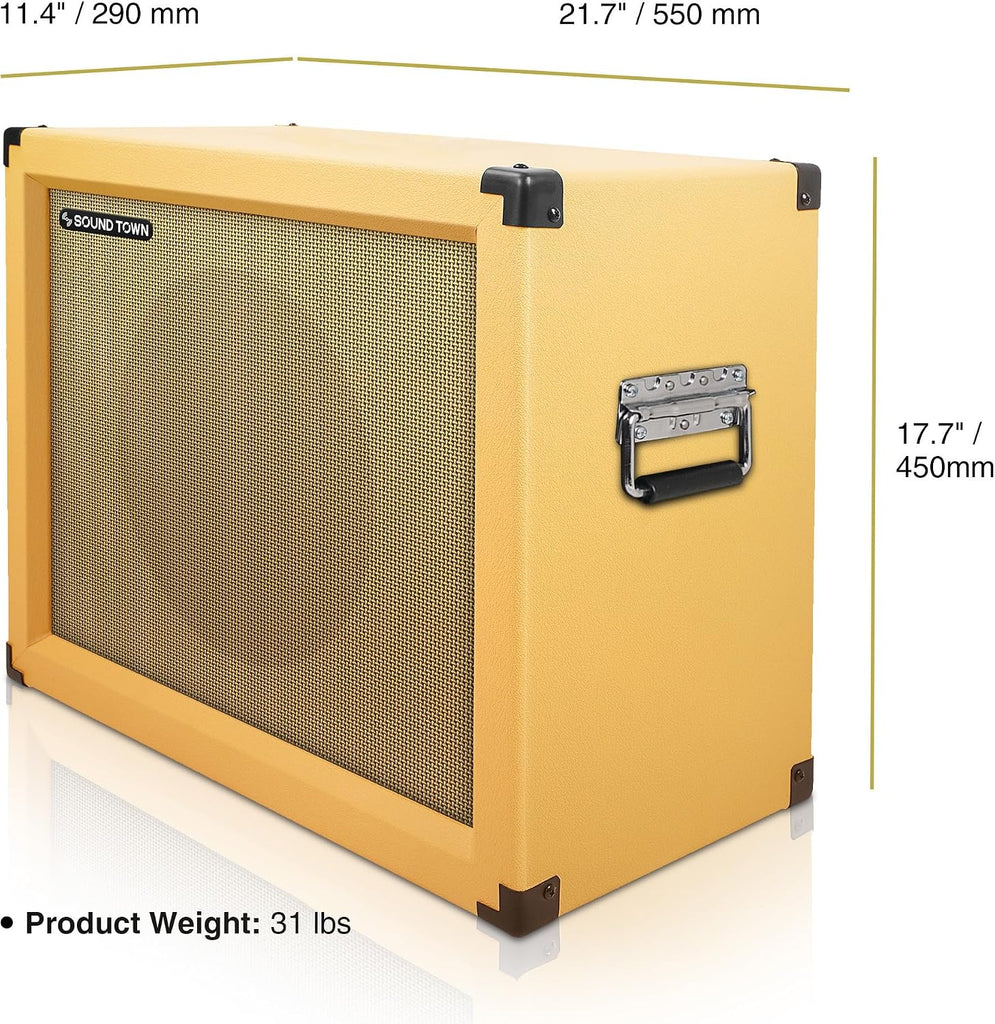 Sound Town GUC112OR | 1 x 12" 65W Guitar Speaker Cabinet with Birch Plywood Construction, Orange Tolex, Wheat Cloth Grille - Dimensions and Weight