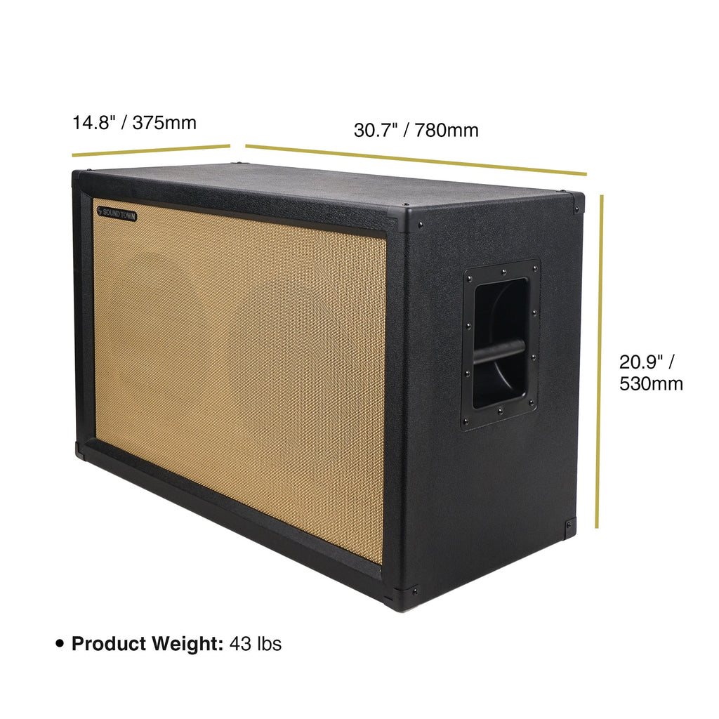 Sound Town GUC212BK-EC-R | REFURBISHED: 2x12" Empty Guitar Speaker Cabinet, Birch Plywood, Black, Wheat Cloth Grill, Front or Rear Loading, Compatible with Celestion/Eminence Speakers - Dimensions & Weight