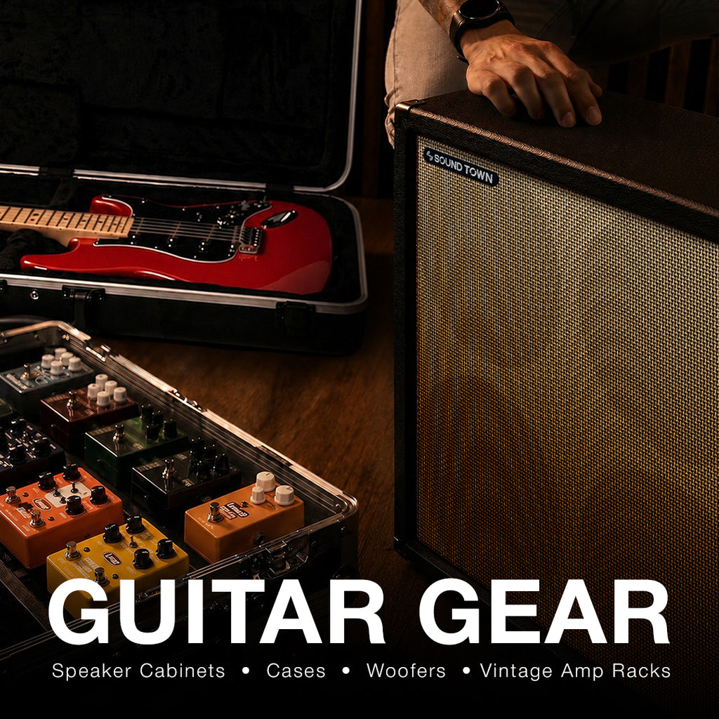 The Sound Town Guitar Gear collection includes guitar and bass speaker cabinets, vintage amp racks, pedalboard cases, guitar cases, and guitar replacement woofers for electric and bass guitarists. Featuring loaded and unloaded speaker cabinets and durable ABS or plywood cases, the collection helps customize, transport, and protect your guitar gear for rehearsals, recording, touring, and live performances.