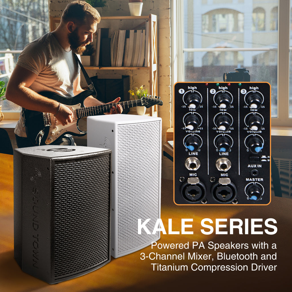 Sound Town KALE-110WPW-PAIR | KALE Series 2-Pack 10” 500W Powered DJ PA Speaker with Bluetooth, Titanium Compression Driver and 3-Channel Mixer for Mobile DJ, Live Sound, Karaoke, Bar, Church, White - Musician